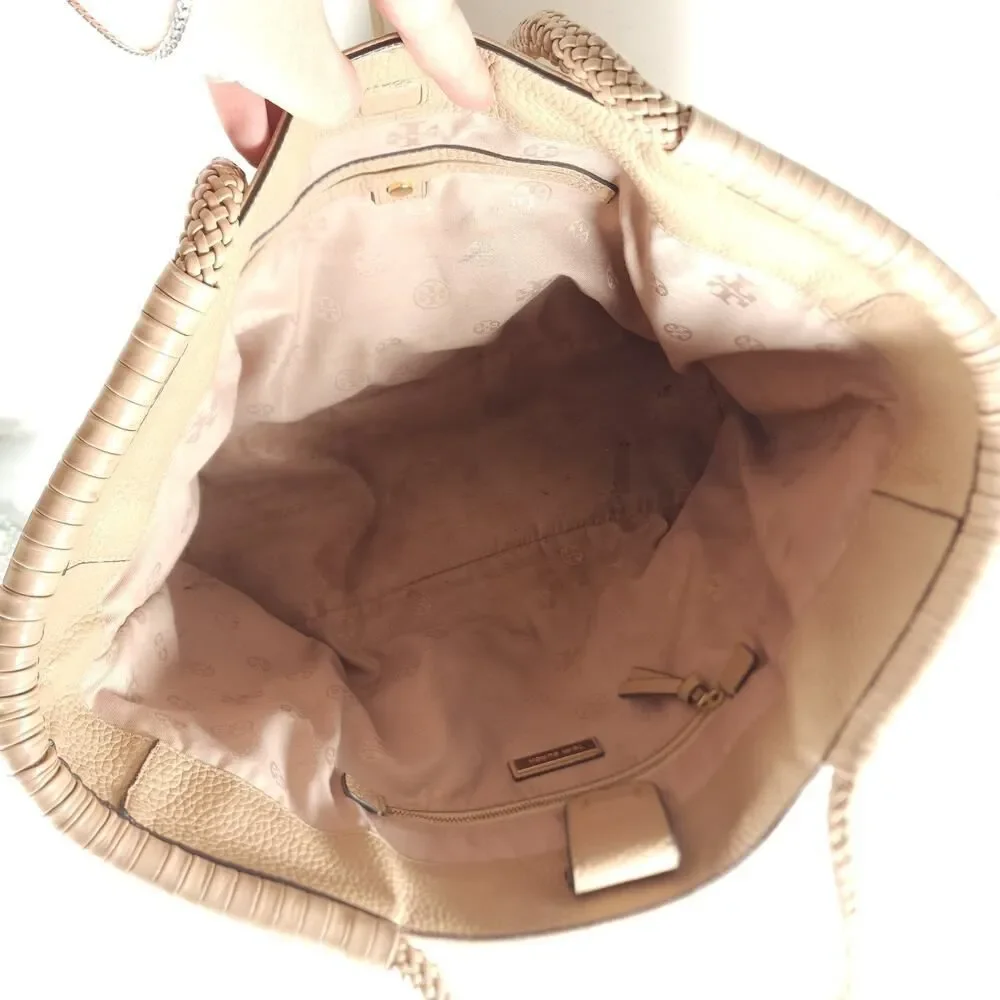 Tory Burch Taylor Beige Pebbled Leather Large Logo Tote Bag Shoulder Bag